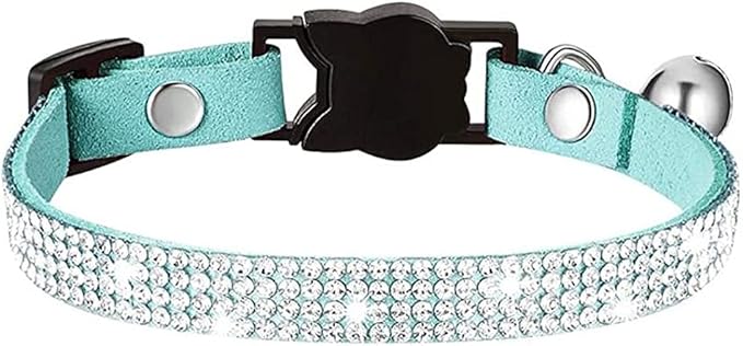 Cat Collars,Rhinestone for Girl Cats Bling Kitten Flower Adjustable Breakaway Collar with Bell Soft Velvet Leather Collar for Puppy Small Dogs (Blue)