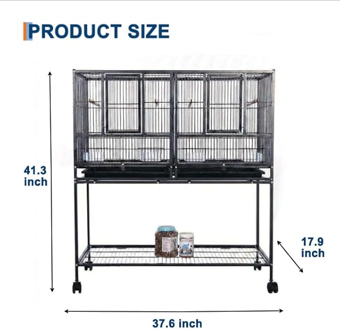 IDEALHOUSE 41" Divided Breeding Flight Bird Cage with Detachable Rolling Stand, Breeder Cage with Perches, Food Boxes, Slide-Out Tray and Storage Shelf, Birdcage for Parakeet Finch Cockatiel Lovebird