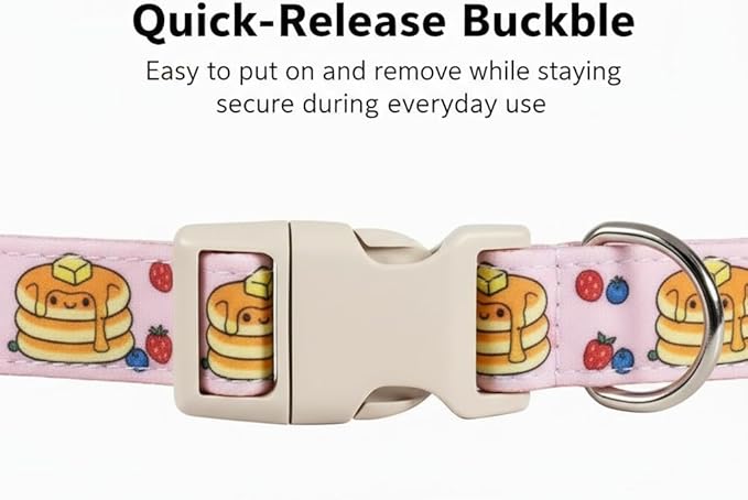 Pink Dog Collar, Girl Dog Collar with Pancake Print, Cute Spring Summer Food Collar with Soft & Breathable Fabric, Adjustable Pet Collar for Small Medium Large Dogs
