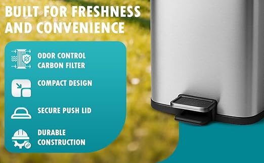 6L Outdoor and Indoor Pet Waste Container, (with one Charcoal Filter), Stainless Steel Can. Lid Opens with Push Step. 12 in x 10 in x 8 in Dimension.