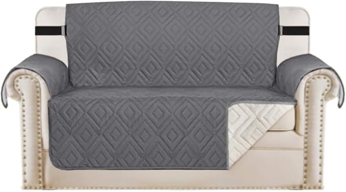 H.VERSAILTEX Reversible Loveseat Cover Furniture Protector Anti-Slip Water Resistant 2 Inch Wide Elastic Straps Couch Covers Pets Kids Fit Sitting Width Up to 46"(Love Seat: 75" x 90", Gray/Beige)