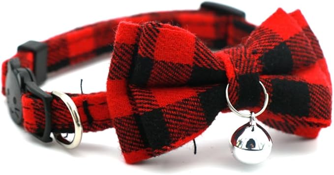 Red Plaid Cat Collar with Bell and Bow, Breakaway Kitten Collar with Bells Bowtie Puppy Collars for XXS Xs Small Little Tiny Pet Dogs Boy Girl, for Christmas Hoilday Birthday Party