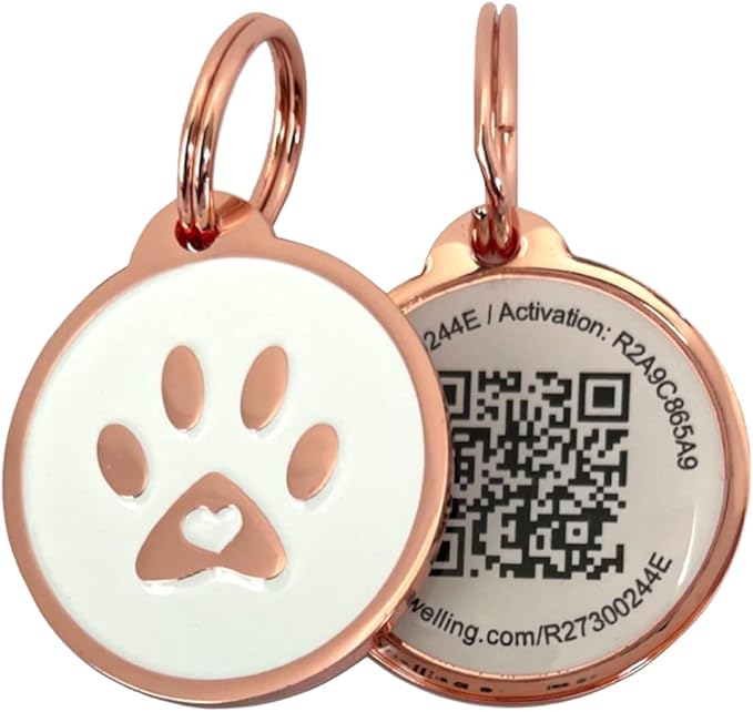 Pet Dwelling Premium QR Pet ID Tag for Dogs & Cats – Smart Pet Safety Tag with Free Online Profile, Scan Alerts with AI-Powered Insights (Lux Rose Gold White Paw)