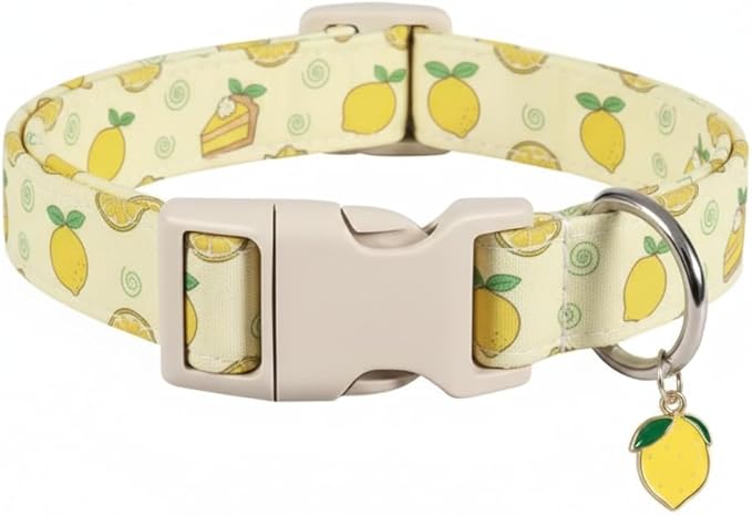 Dog Collar, Spring Summer Dog Collar with Yellow Lemon and Cute Charm, Pet Collar with Quick Release Buckle and Durable Fabric, Suitable for Medium Dogs