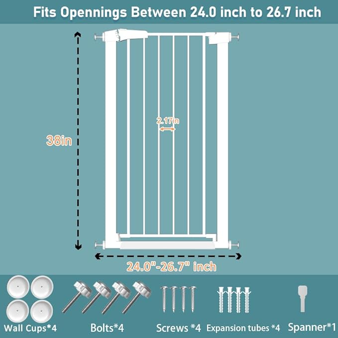 Fairy Baby 24.0"-26.7" Inch Narrow Baby Gate, 38" Extra Tall Dog Gate for Stairs & Doorways, Metal Safety Child Gate for Kids and Pets, Pressure Mounted Gate Fence No Drill, White