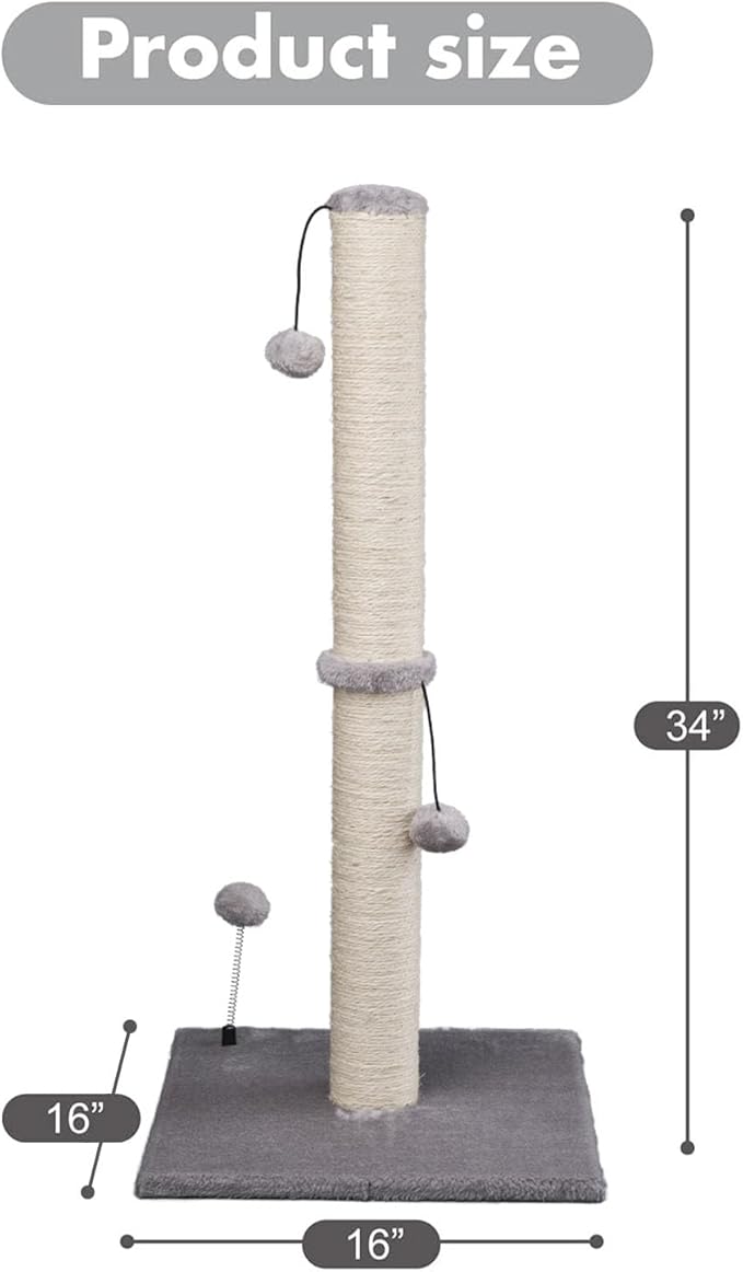 MECOOL 34“ Tall Cat Scratching Post Premium Basics Kitten Scratcher Sisal Scratch Posts Trees with Hanging Ball for Indoor Cats, Gray