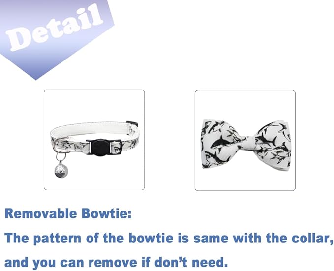 3 Pack Cat Collar Breakaway with Removable Cute Bow Tie and Bell Adjustable Safety Buckle Shark Print White Light Blue and Blue