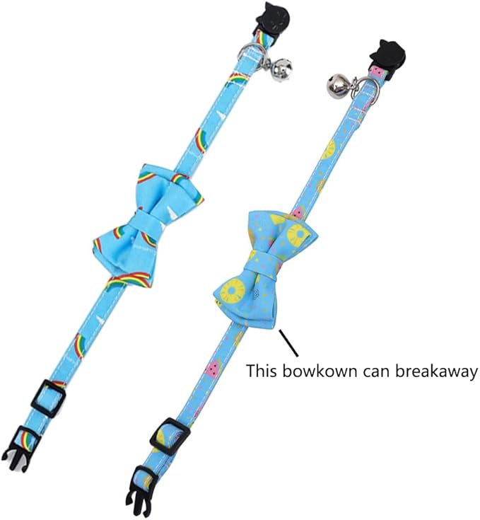 2-Pack Breakaway Cat Collars with Removable Double-Layer Bow Tie and Bell for Boy and Girl Cats Safety Kitten Collars Suitable for Festivals and Daily. (Rainbow)