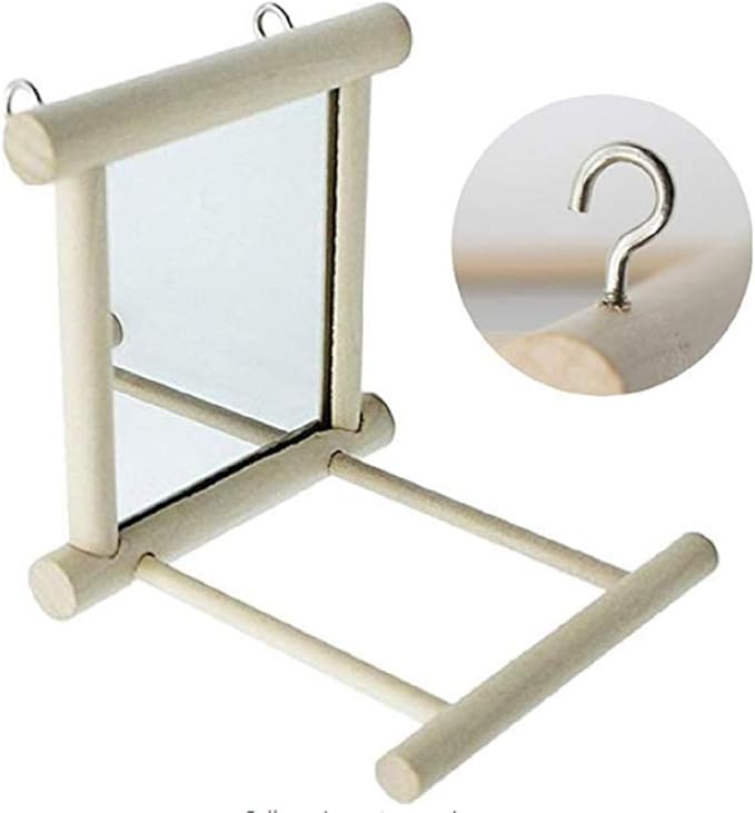 Birds Mirror for Cage,Parrot Hanging Swing with Mirror,Natural Wooden Play Mirror Pet Bird Cage Accessories with Metal Hook
