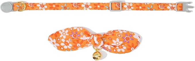 Bowtie Cat Collar with Bell 2 Pack Cotton Breakaway Kitten Collars with Removeable Bunny Ear Stylish Cat Collars(Floral Orange & Plaid)