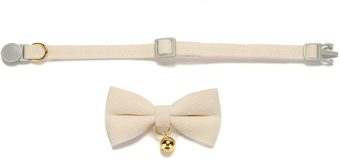 2 Pack Soft Corduroy Cat Collars with Bow Tie & Bell, Adjustable Breakaway Cotton Kitty Bowtie Collar for Female Male Cats(White & Blue)