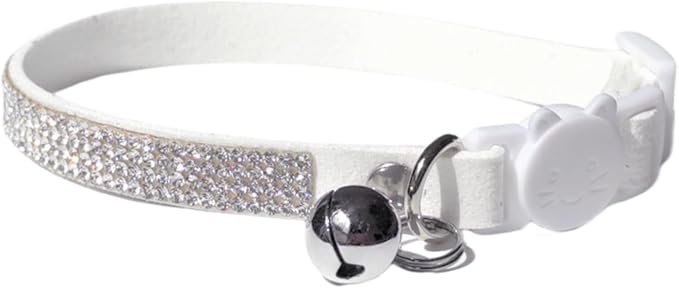 Rhinestone Cat Collar Breakaway Safety Buckle with Bell, Adjustable Diamond Girl Boy Kitty Cute Comfy Collar for Kitten Small Pets Rabbits, 7.5"-11" White
