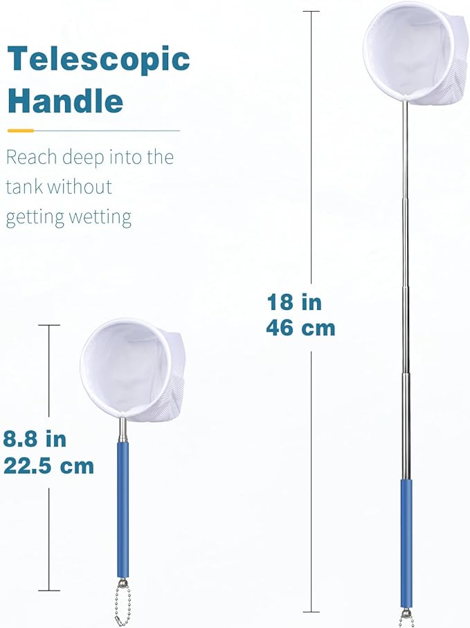 Pawfly 3 Inch Aquarium Shrimp Net, Tiny Fish Tank Net with Extendable Stainless Steel Handle, Soft Round Fine Mesh for Baby Fish, Food Residue, and Debris Skimming in Small Ponds & Tanks