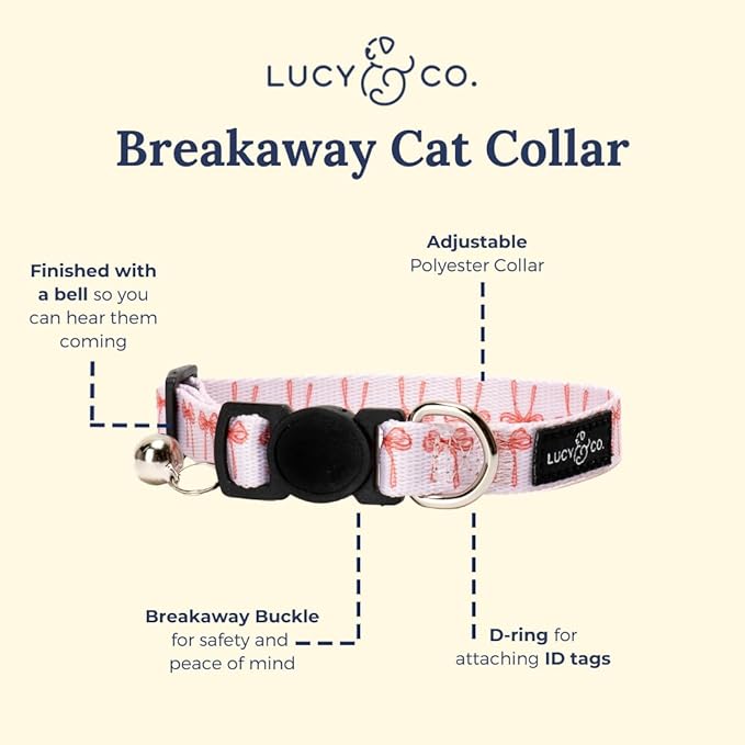 Lucy & Co. Take a Bow Breakaway Cat Collar with Bell – Designer Print Adjustable Safety Collar for Cats, Kittens & Small Dogs, Lightweight Pet Collar for Boy & Girl Cats -Large