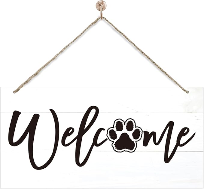 Welcome Sign for Front Door, Welcome Decor Wooden Hanging Sign for Wall Decor, Cat's Paw Pattern Wall Signs, Rustic Funny Wooden Outdoor Front Door Hanging Decoration 13.8X6.9 inches