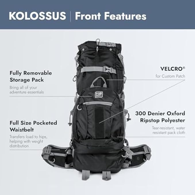 K9 Sport Sack Kolossus - Large, Black - The Big Dog Backpack - Ideal for Dogs 20-22” Long - Fully Adjustable Pet Carrier - Doubles as a Professional-Grade 60L Hiking Pack