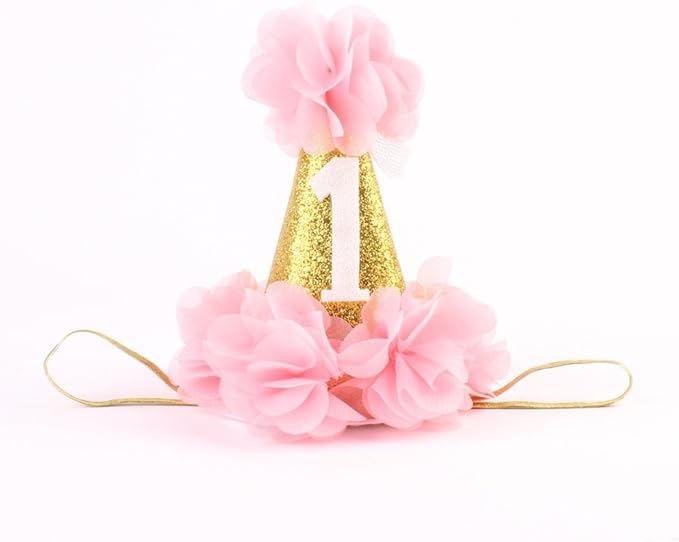Stock Show 1st Pet Birthday Cone Hat Dogs Cats Holiday Party Hat Headwear Costume with Flowers Accessories and Adjustable Headband for Small Medium Dogs Cats Pets Baby (Pink