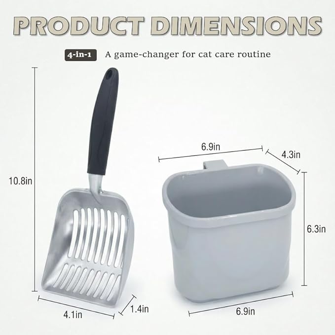 4-in-1 Cat Litter Scoop with Holder, Cat Litter Box Organizer Cleanup Kit - Sweeper & Dustpan, Aluminum Kitty Litter Scooper and Storage Caddy (Black)