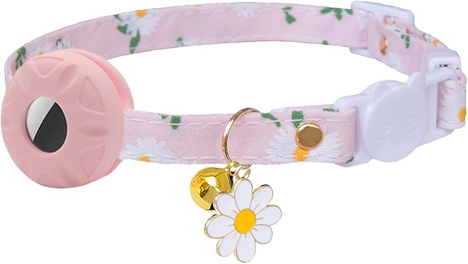 Breakaway Cat Collar with Airtag Holder,Kitten Collar with Apple Air Tag Holder and Bell for Girl Boy Cats, 0.4 Inches in Width and Lightweight. (Pink Daisy)