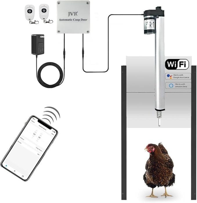 JVR Automatic Chicken Coop Smart Door Compatible with Alexa, Google Assistant, Home Assistant, Tuya - WiFi Electric Opener, Auto Sunrise/Sunset Dusk to Dawn Doors, Anti-Pinch Auto Reopen & Stop