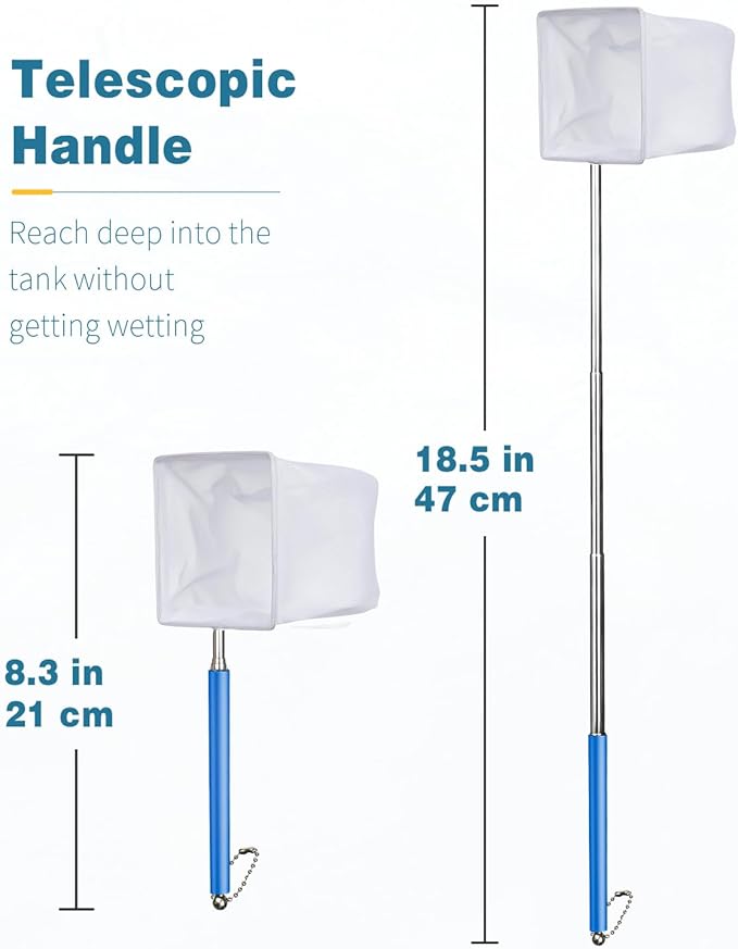 Pawfly 3 Inch Tiny Fish Tank Net, Aquarium Shrimp Net with Extendable Stainless Steel Handle for Shrimp Baby, Food Residue Debris, Soft Square Fine Mesh for Fish Tanks & Small Ponds