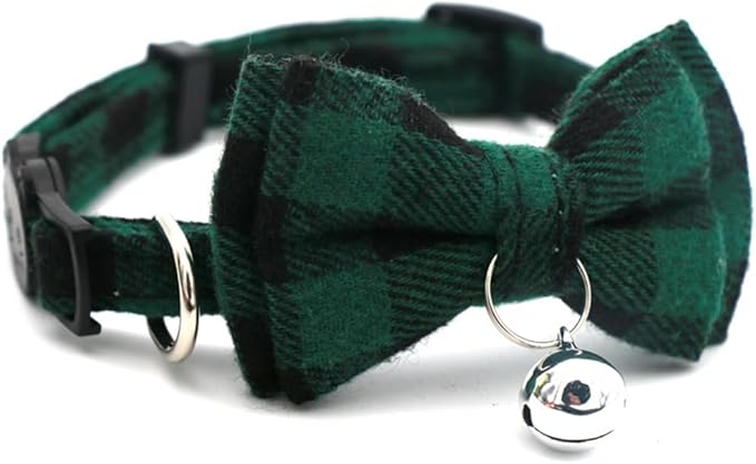 Green Plaid Bow Cat Collar with Bell, Breakaway Dog Bell Collar with Bowtie Christmas Puppy Collars for XXS Xs Small Tiny Little Pet Dogs Boy Girl Kitten, for Hoilday Birthday Party