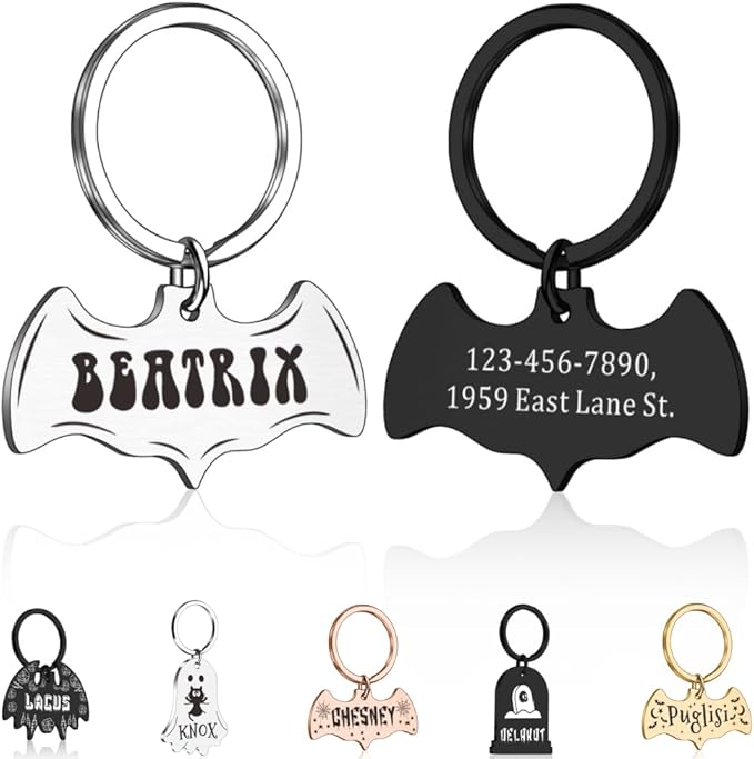 Dog Tags Personalized for Pets - Bat Shape Dog Tag, Customized Pet ID Tag for Black Cat, Witch Friendly Cat Tags, Funny Spooky Dog Name Tag, Stainless Steel Dog ID Tag Engraved on Both Sides