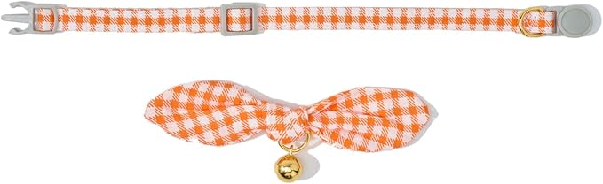 Bowtie Cat Collar with Bell 2 Pack Cotton Breakaway Kitten Collars with Removeable Bunny Ear Stylish Cat Collars(Floral Orange & Plaid)