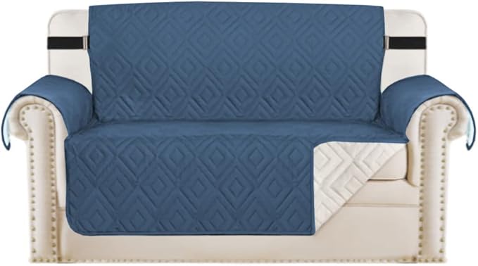 H.VERSAILTEX Reversible Loveseat Cover Furniture Protector Anti-Slip Water Resistant 2" Elastic Straps Couch Covers Pets Kids Fit Sitting Width Up to 46"(Love Seat: 75" x 90", Dark Blue/Beige)