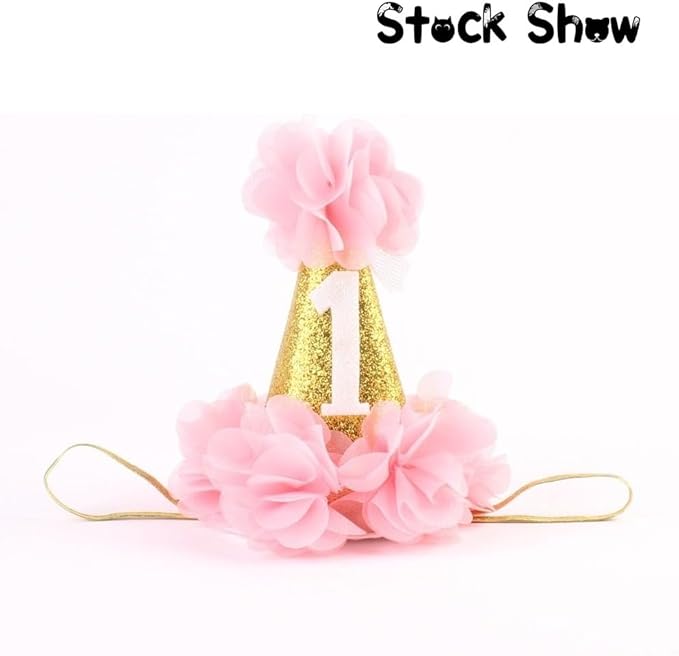 Stock Show 1st Pet Birthday Cone Hat Dogs Cats Holiday Party Hat Headwear Costume with Flowers Accessories and Adjustable Headband for Small Medium Dogs Cats Pets Baby (Pink