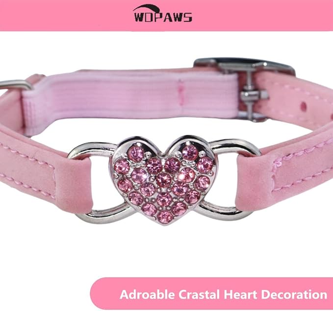 Heart Bling Cat Collar with Safety Belt and Bell Adjustable 8-10 inches for Kitten Cats (Pink)