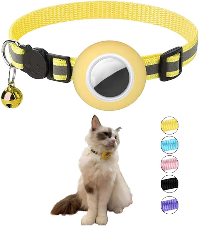 Tracker-Ready Breakaway Cat Collar (No Tracker Included) - Detachable GPS Holder + Safety Bell - Adjustable Reflective Collar with Quick-Release Buckle - for AirTag/Tile Compatible (Yellow)
