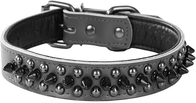 Spiked Studded Dog Collar, Genuine Leather Dog Collar, Adjustable Pet Collars for Medium Large Bulldog Pitbull Mastiff Poodle Boxer (S:27-33cm, Black-1)