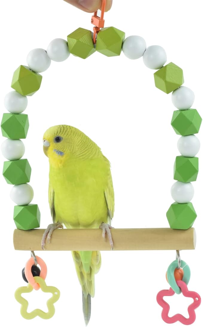 Wooden Bird Swing Perch for Parakeet, Small Birds Hanging Cage Stands Cockatiels Parrot Colorful Beads Bell Trainning Toy Playground Gym Accessories for Lovebirds Conures Budgies