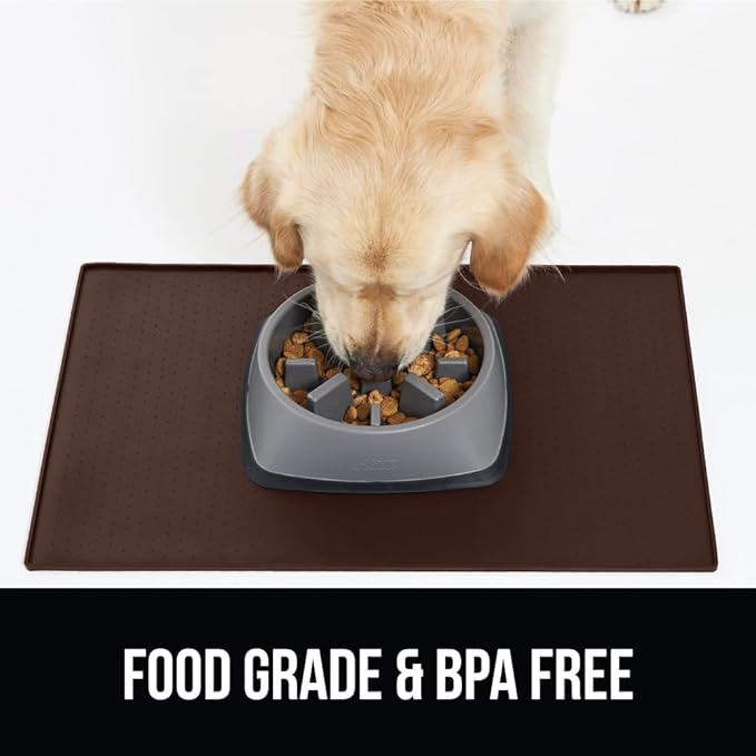 GORILLA GRIP 100% Waterproof Raised Edge BPA Free Silicone Pet Feeding Mat, Dog Cat Food Mats Contain Spills Protects Floors, Placemats for Cats and Dogs Water Bowl, Pets Accessories 18.5x11.5 Brown