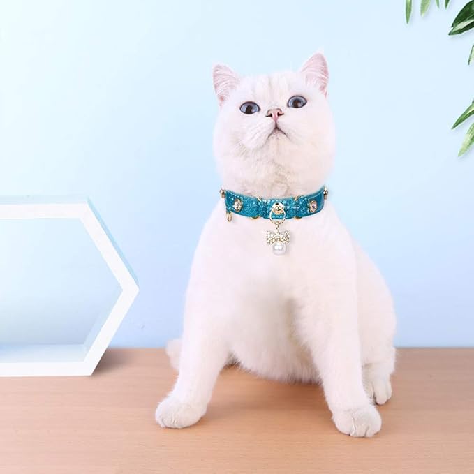 PetsHome Cat Collar, Dog Collar, [Bling Rhinestones] PU Leather Adjustable Pet Collar with Luxury Pendant for Big Cat and Small to Medium Dog Small Blue