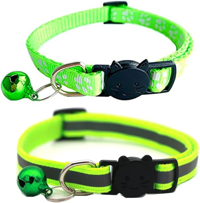 2 Pack Cat Collars Quick Release Reflective Kitten Collar with Bell & Safety Release (Fluorescent Green)
