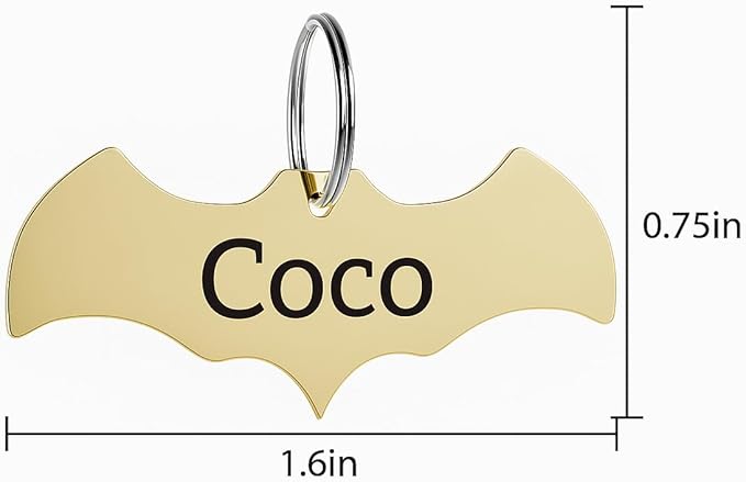 Stainless Steel Personalized Pet ID Tags, Art Design for Dog Tags, Cat Tags, Customized and Engraved on Both Sides of ID Tag, Bat in Black, Silver, Blue, Gold, Rose Gold Color