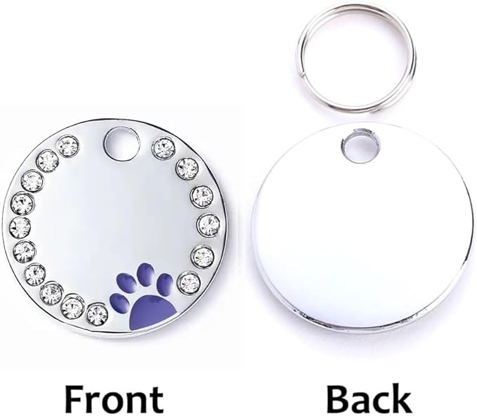Personalized Dog/Cat Cute Paw Pet ID Tag for Pet Collar or Key Chain - Custom Laser Engraved Unique Dog/cat Name tag with Phone Number (Purple, Crystals Round-Small)