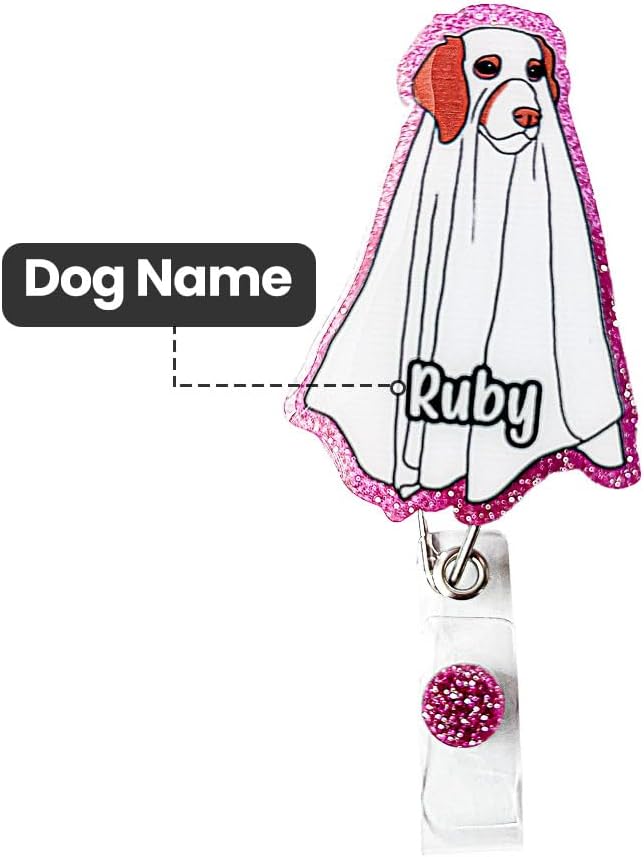 callie Personalized Halloween Ghost Badge Reel - Custom 1-3 Dogs and Names, Glitter Pumpkin ID Badge Holder Retractable, Holiday Gift for Dog Lover Nurse RN CNA Doctor