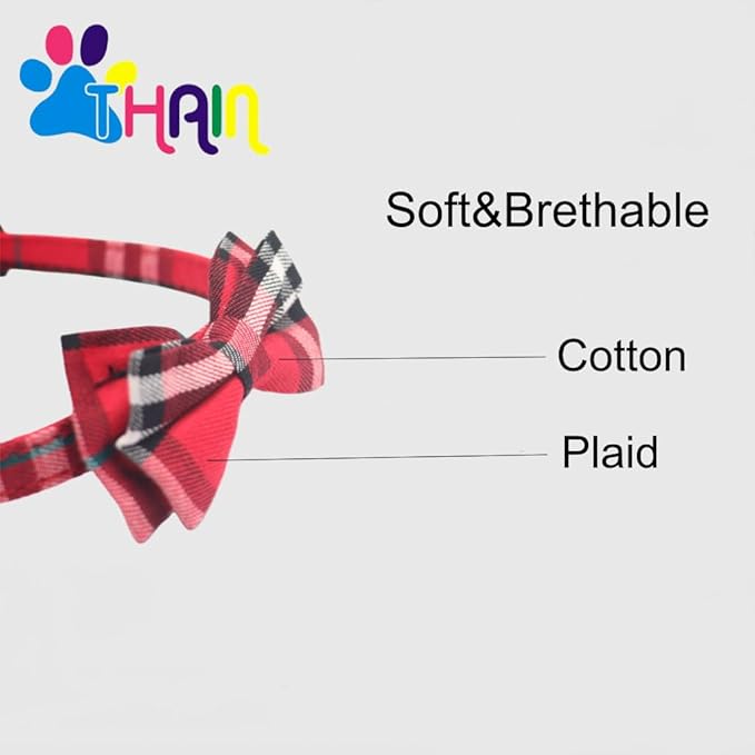 THAIN Cat Collar Breakaway with Bell and Bow Tie Safety Buckle Red Plaid Pattern Adjustable 7-11 inches for Kitten Cats(Red Plaid)