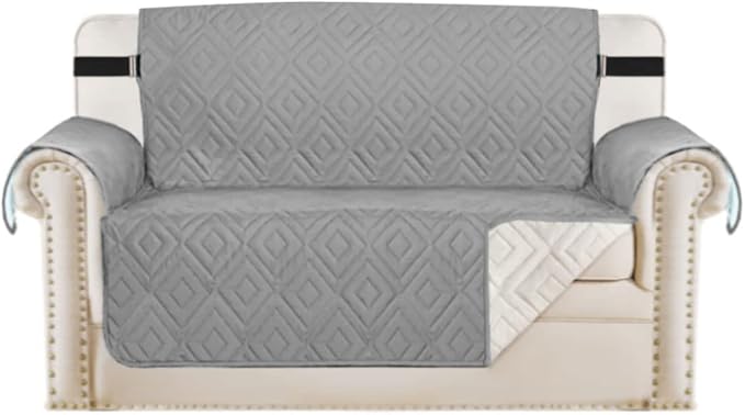 H.VERSAILTEX Reversible Loveseat Cover Furniture Protector Anti-Slip Water Resistant 2" Elastic Straps Couch Covers Pets Kids Fit Sitting Width Up to 46"(Love Seat: 75" x 90", Light Grey/Beige)