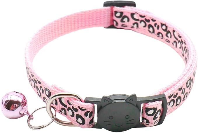 Reflective 2 Pack Breakaway Cat Collars with Bell Leopard Pattern Cute Kitty Adjustable 7.5-12.5 Inch Safe Kitten Collars Charms (Pink)