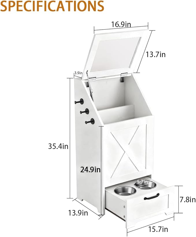 Dog Feeding Station with Storage Cabinet and 2 Elevated Dog Bowls, Hidden Pet Food Storage Organizer for Dog &Cat,Modern Dogs Furniture (White)