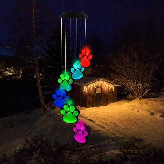 Paw Print Solar Wind Chimes, Color Changing Outdoor Paw Print Solar Lights, Dog Cat Paw Prints Wind Chimes Hanging Patio Lights for Garden Decor,Best Gifts for Dog & Cat Pets Lovers