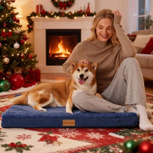 Patas Lague Orthopedic XL Dog Bed Large Sized Dog 48''X30'', Soft Waterproof Egg Crate Foam Large Pet Crate Beds Mat with Removable Washable Cover and Non-Slip Bottom, Navy Blue