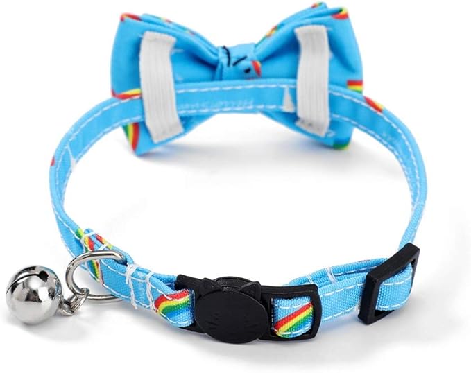 2-Pack Breakaway Cat Collars with Removable Double-Layer Bow Tie and Bell for Boy and Girl Cats Safety Kitten Collars Suitable for Festivals and Daily. (Rainbow)
