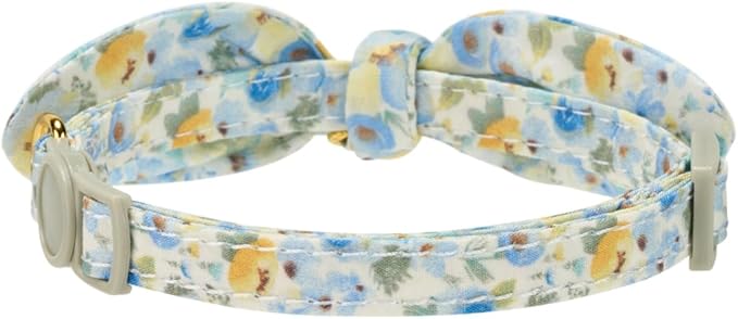 2 Pack Cotton Cat Collar, Removable Bowtie, Floral Pattern, Safety Breakaway Clasp, Adjustable for Cats.(Adult Cat, Blue Daisy and Floral)