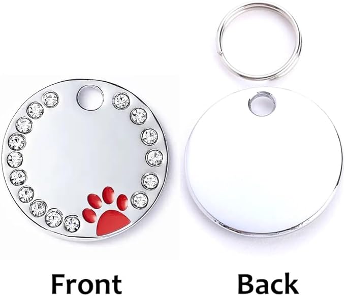 Personalized Dog/Cat Cute Paw Pet ID Tag for Pet Collar or Key Chain - Custom Laser Engraved Unique Dog/cat Name tag with Phone Number (Red, Crystals Round-Small)