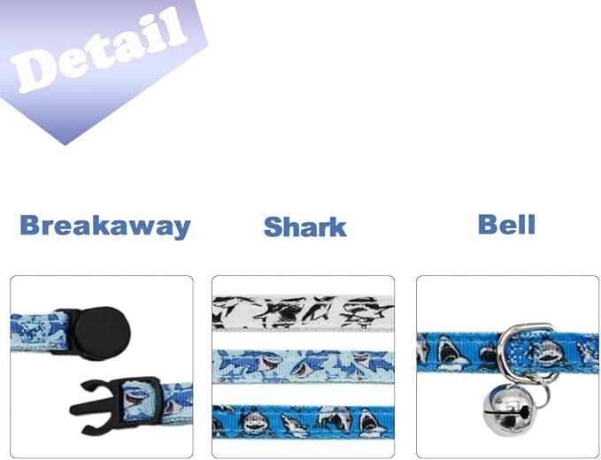 3 Pack Cat Collar Breakaway with Removable Cute Bow Tie and Bell Adjustable Safety Buckle Shark Print White Light Blue and Blue